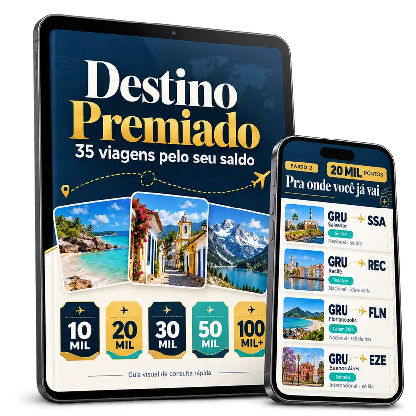 Guia Destino Premiado em tablet, celular e notebook, com a capa em destaque e páginas internas de faixas de saldo